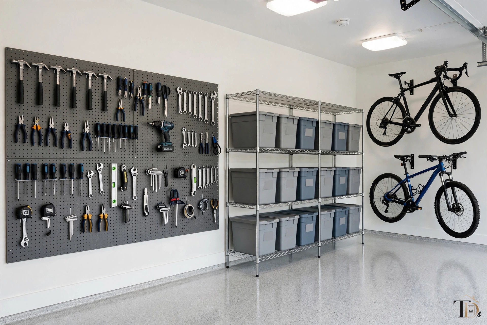 Organized garage with a labeled tool wall and storage bins — everything in its place
