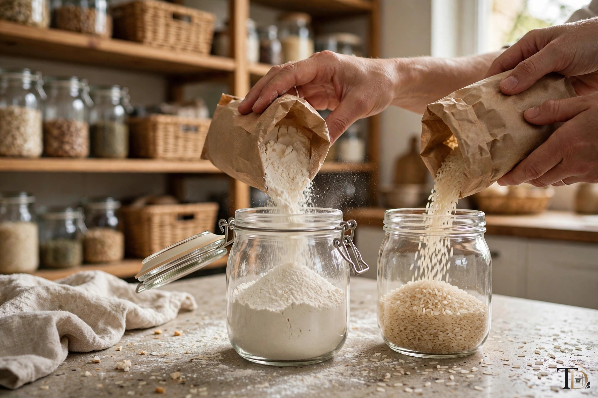 Decanting flour and rice into clear sealed containers