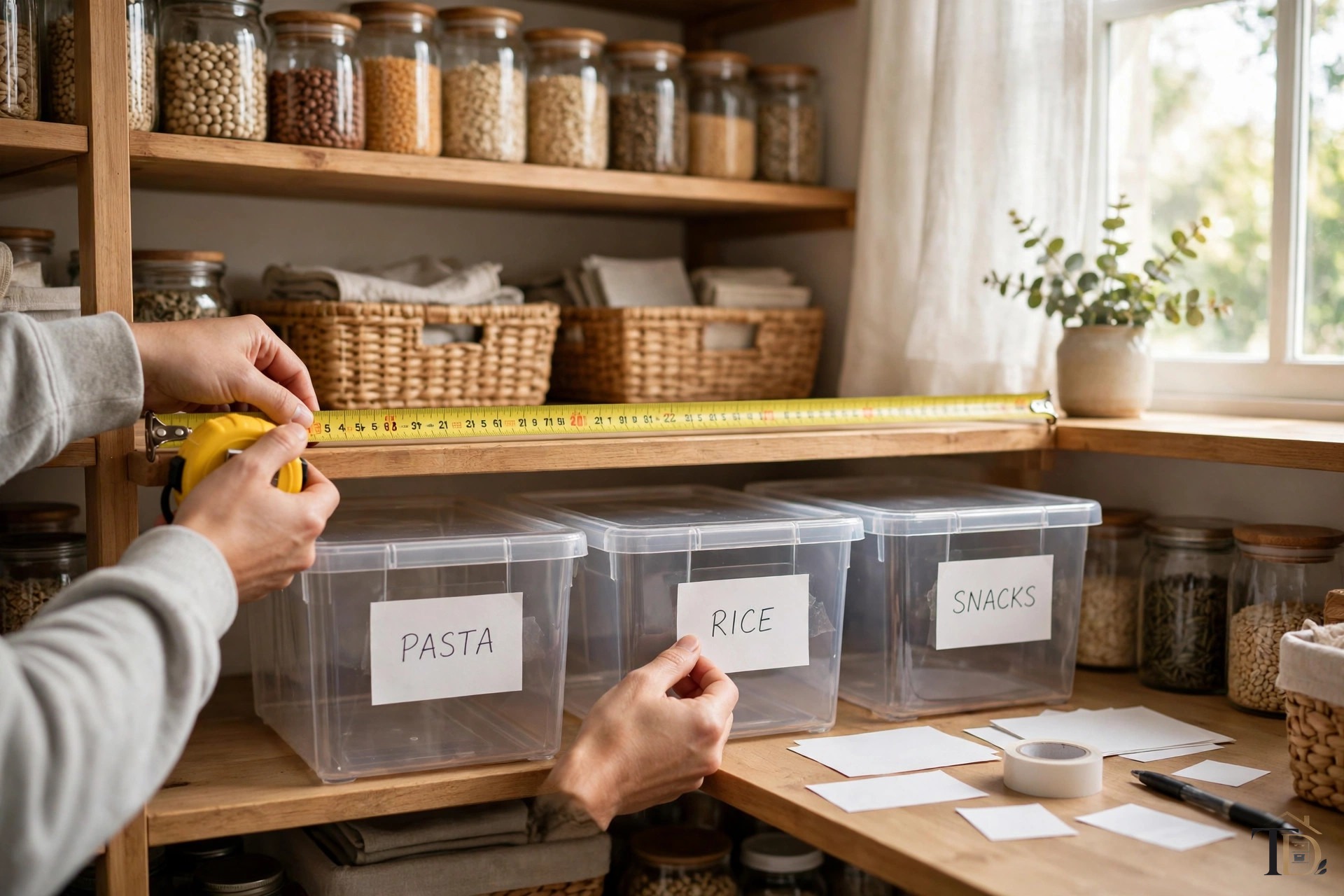 Measuring a pantry shelf before choosing labeled storage bins