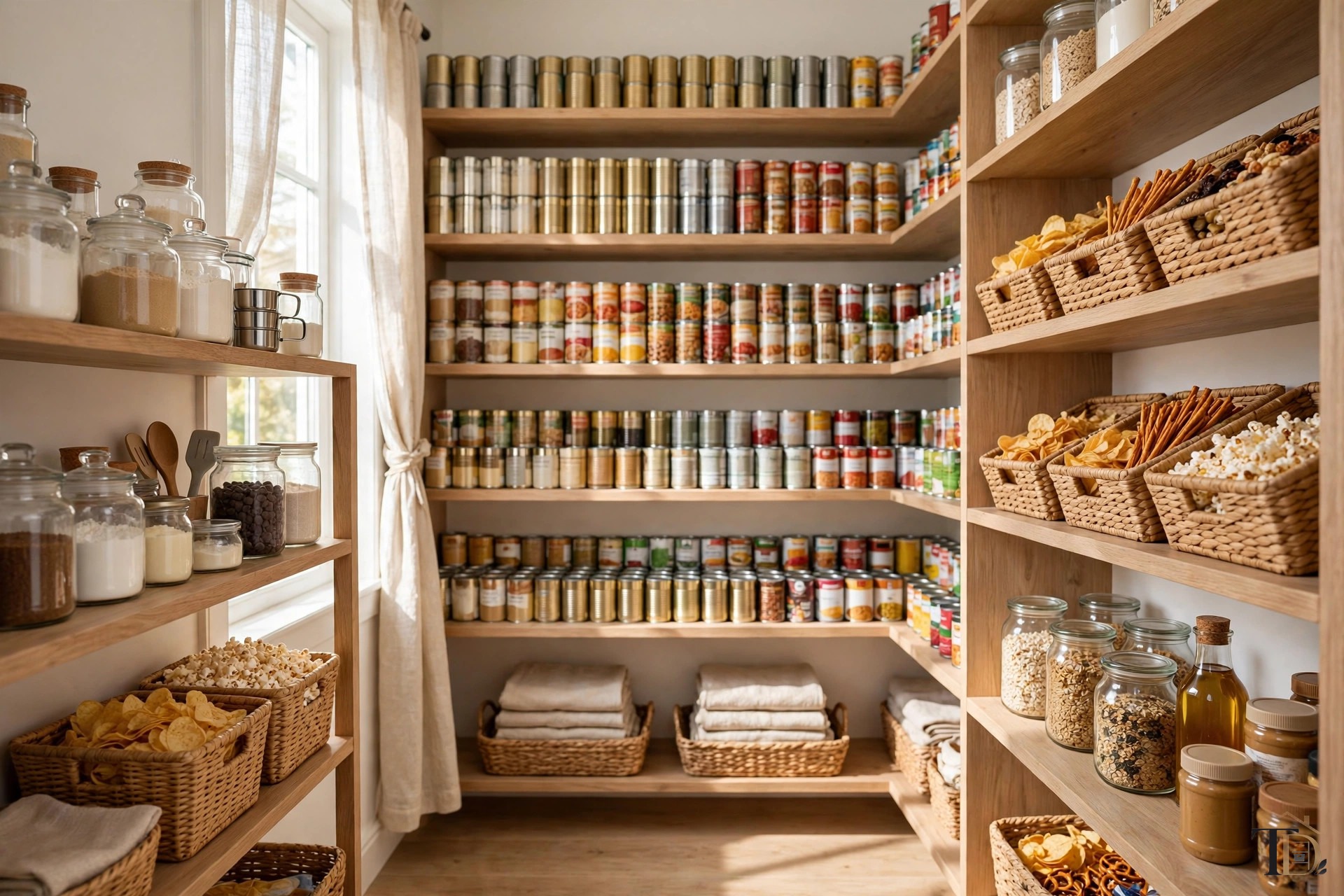 Organized pantry with clear zones for baking, canned goods, and snacks