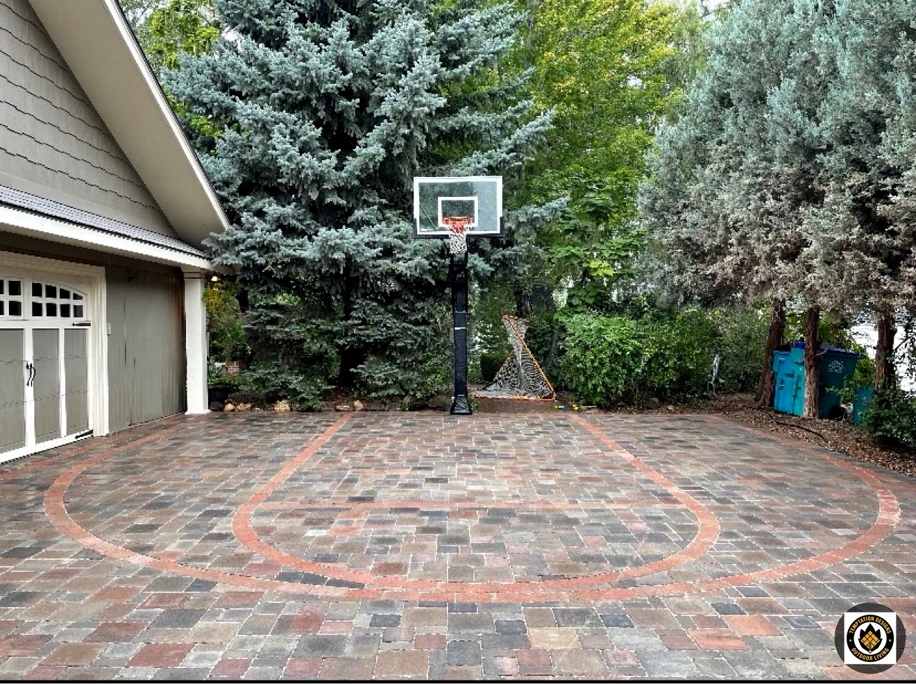 Backyard sport court with basketball hoop