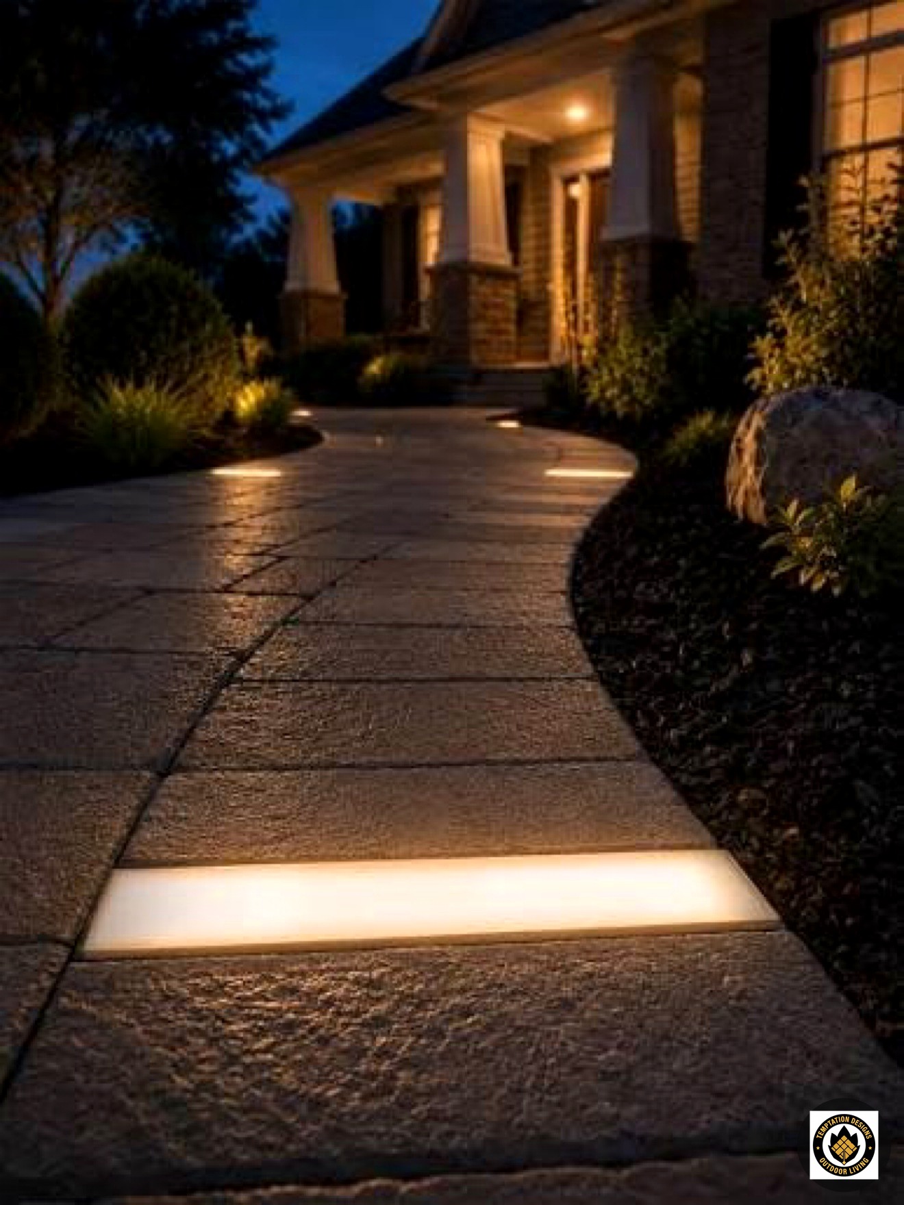 Paver walkway illuminated with landscape lights at night