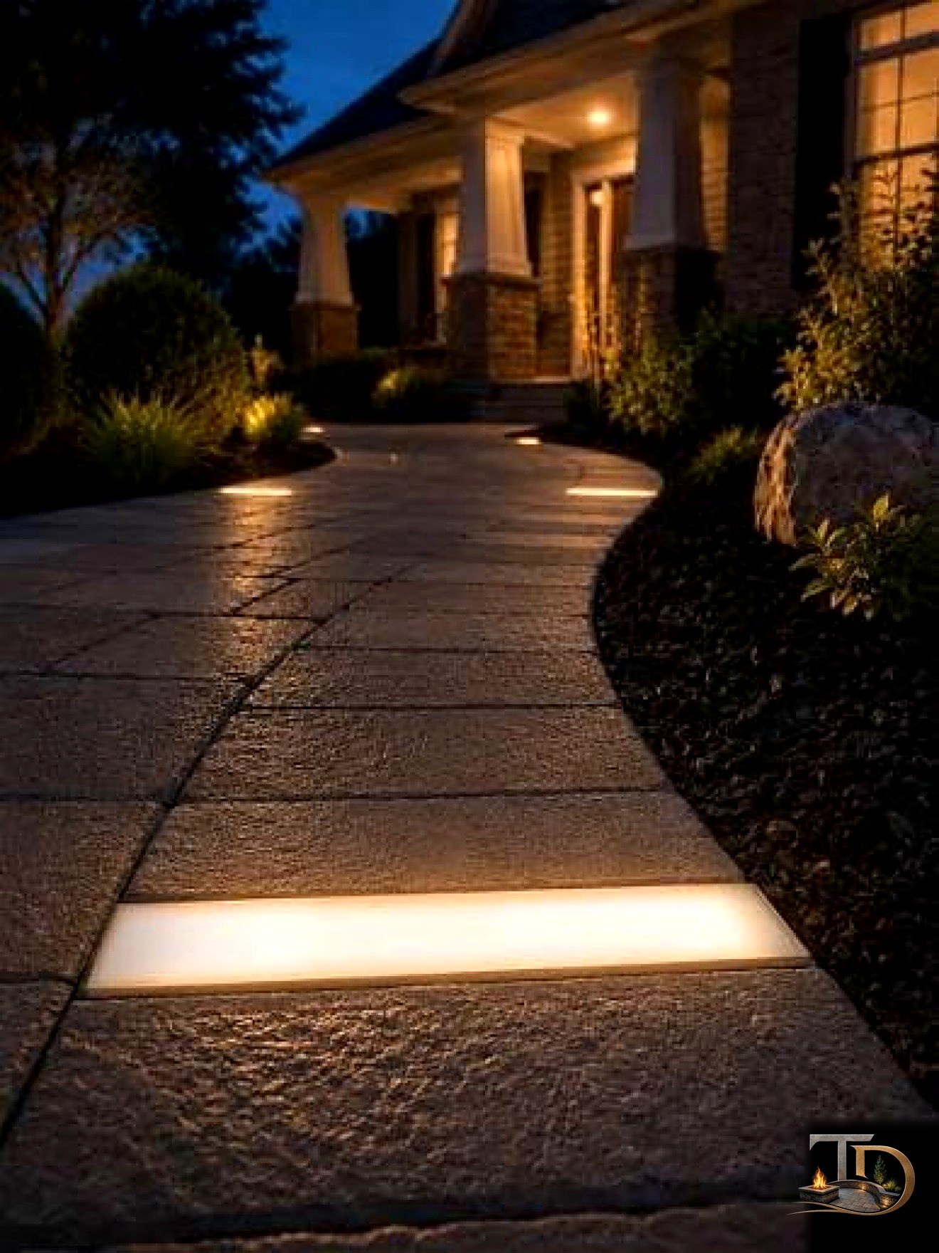 Paver walkway illuminated with landscape lights at night